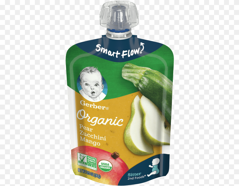 Gerber Organic 2nd Foods Pear Zucchini Mango Gerber Pouch, Bottle, Baby, Person, Produce Free Png Download