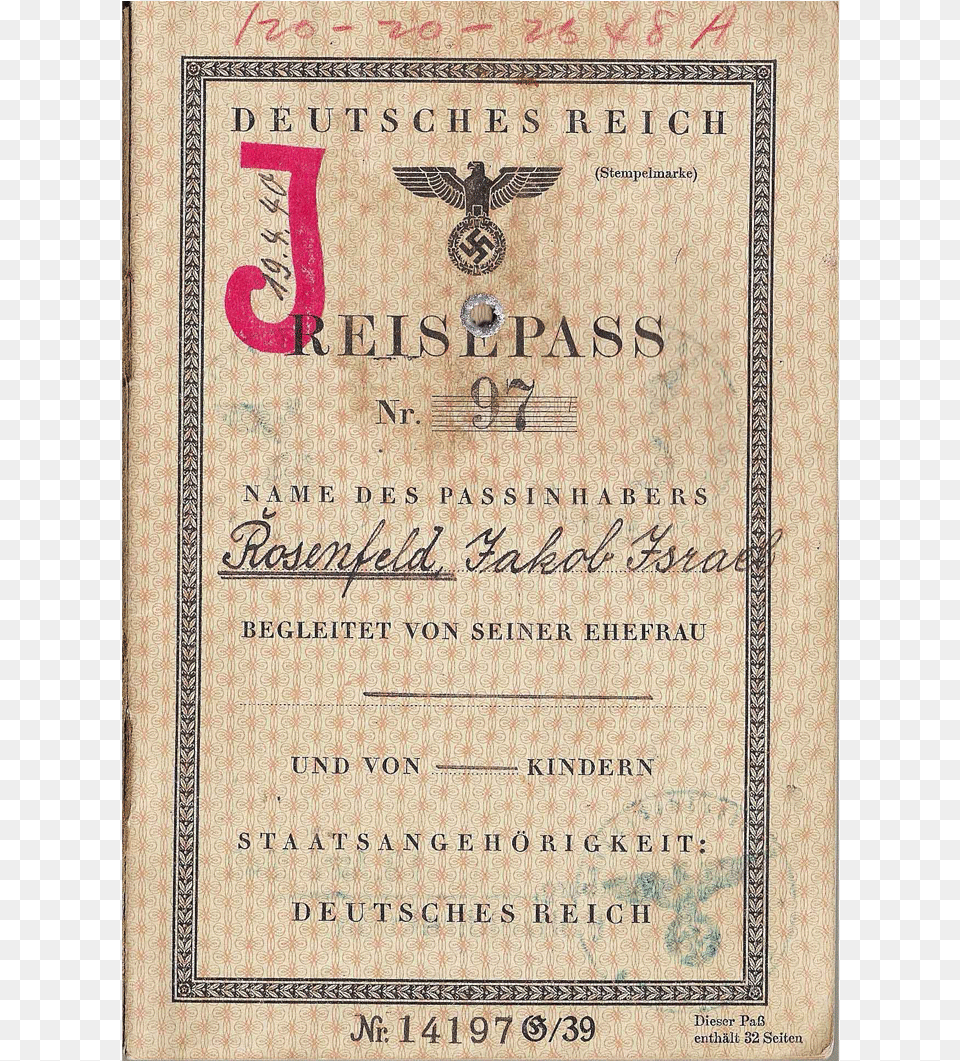 German Stamped J Passport Document, Text, Animal, Bird Png