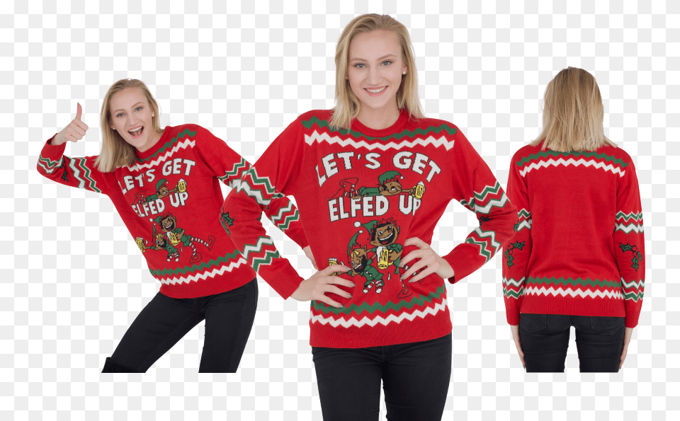Get Elfed Up Drunken Elves Adult Red Ugly Christmas Sweater Drunken Elves, T-shirt, Sweatshirt, Sleeve, Person Free Png Download