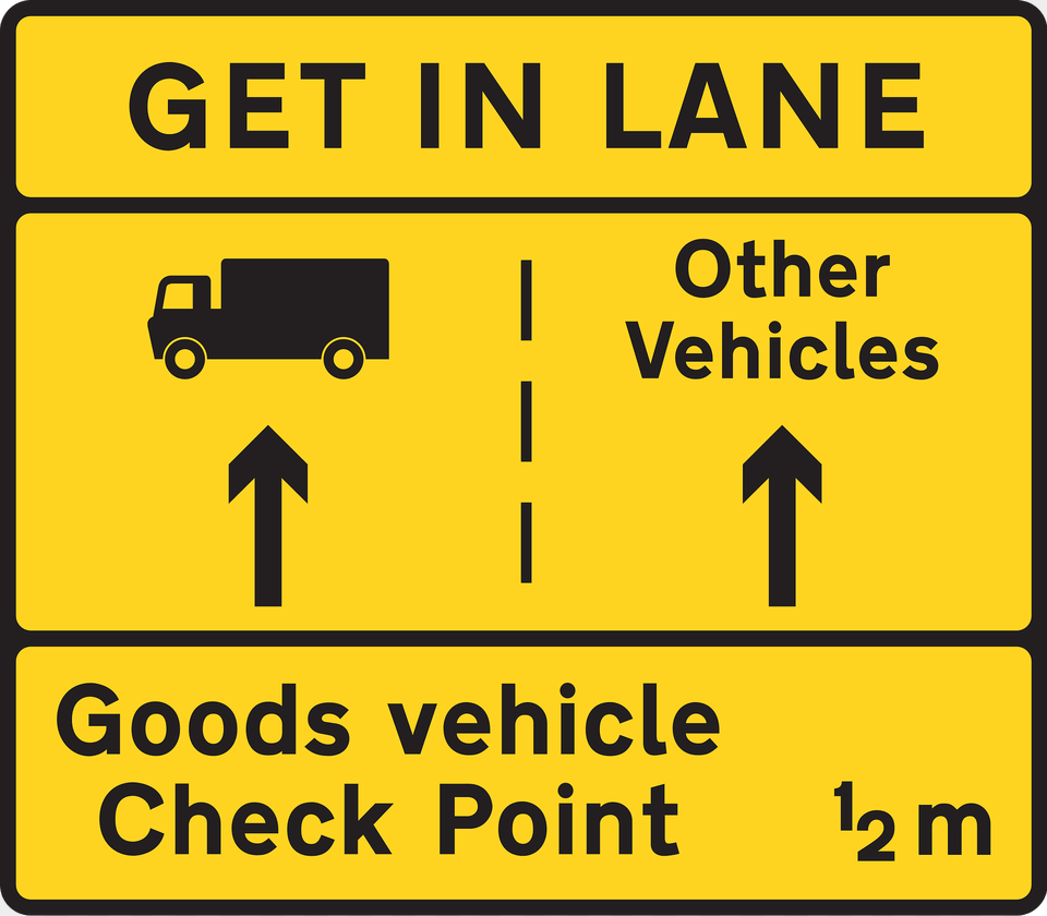 Get In Lane Hgv Use Left Lane All Other Vehicles Use Right Lane Clipart, Sign, Symbol, Road Sign, Scoreboard Png