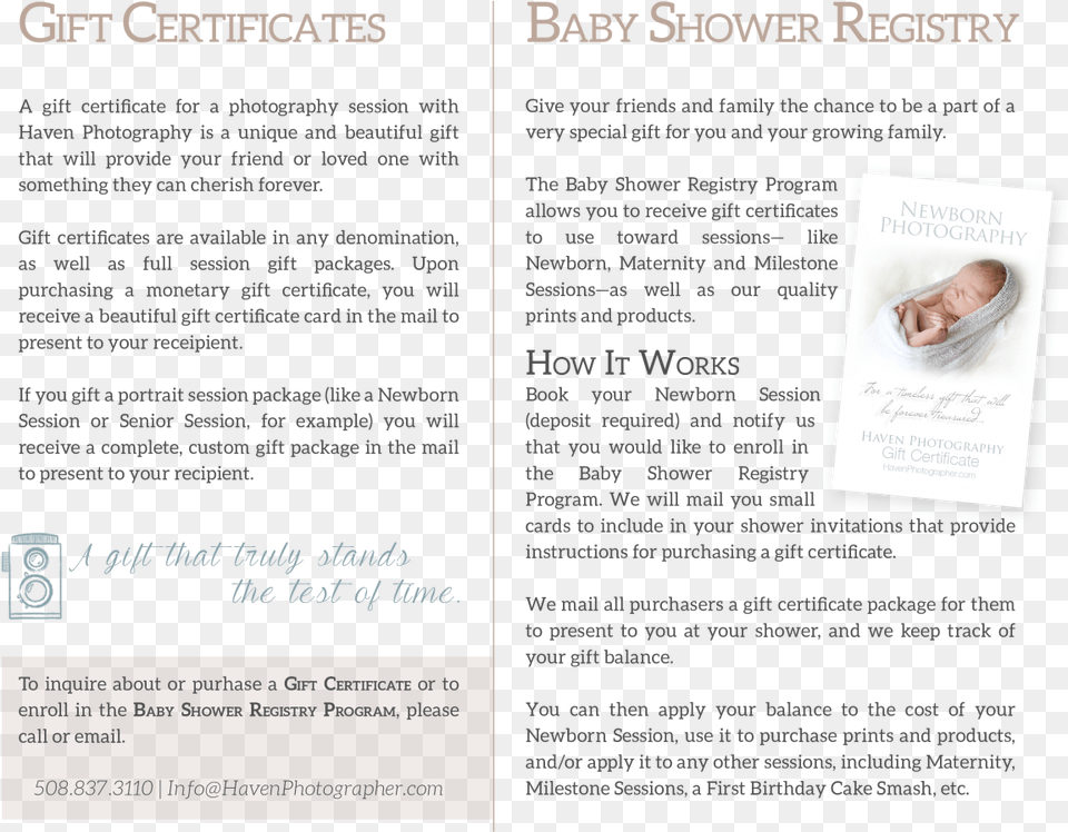 Gift Certificates Baby Shower Registry Haven Photography Document, Advertisement, Poster, Page, Text Png
