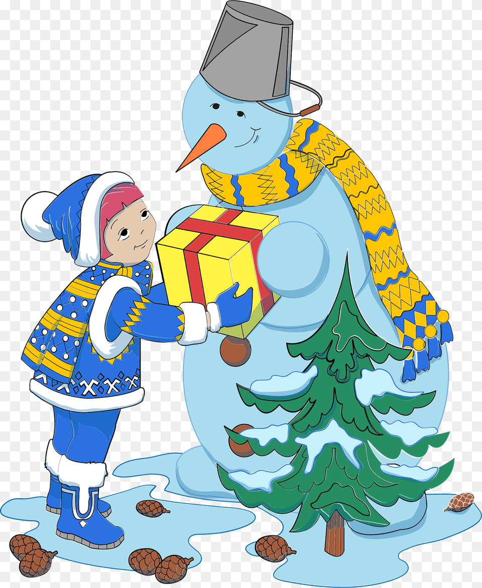 Girl And Snowman With Present In Winter Clipart, Baby, Person, Outdoors, Head Png