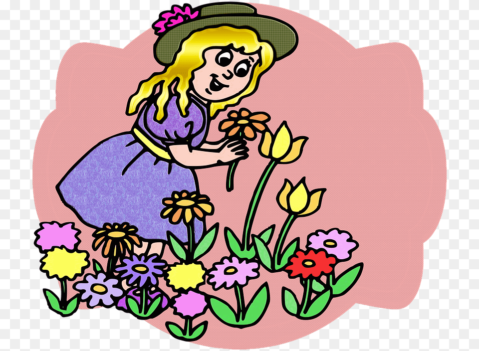 Girl Blonde Hat Garden Flowers Spring Child Gambar Anak Di Taman Bunga, Plant, Flower, Person, Face Free Transparent Png