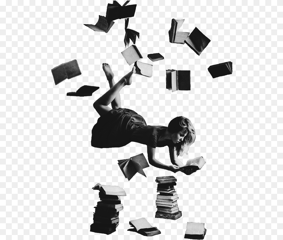 Girl Book Books Flying Falling Grey Surreal Levitation, Photography, Person, Reading, Face Free Png Download