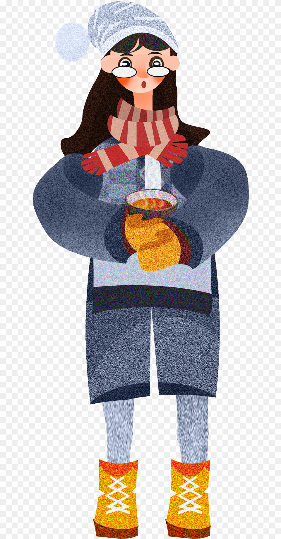 Girl Character Winter Holding Food And Psd Knitting, Clothing, Knitwear, Person, Sweater Free Png Download