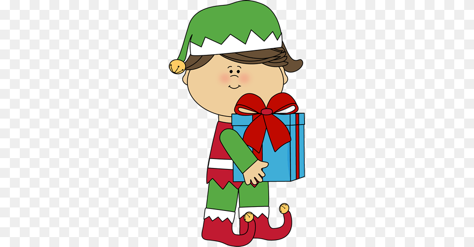 Girl Christmas Elf With Gift Christmas Clip Art, Baby, Person, Face, Head Free Transparent Png
