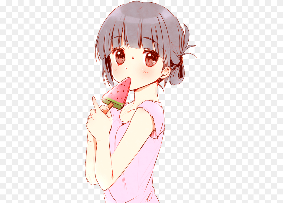 Girl Cute Kawaii Watermelon Popsicle Cute Anime Girl Eating, Book, Comics, Publication, Person Png Image