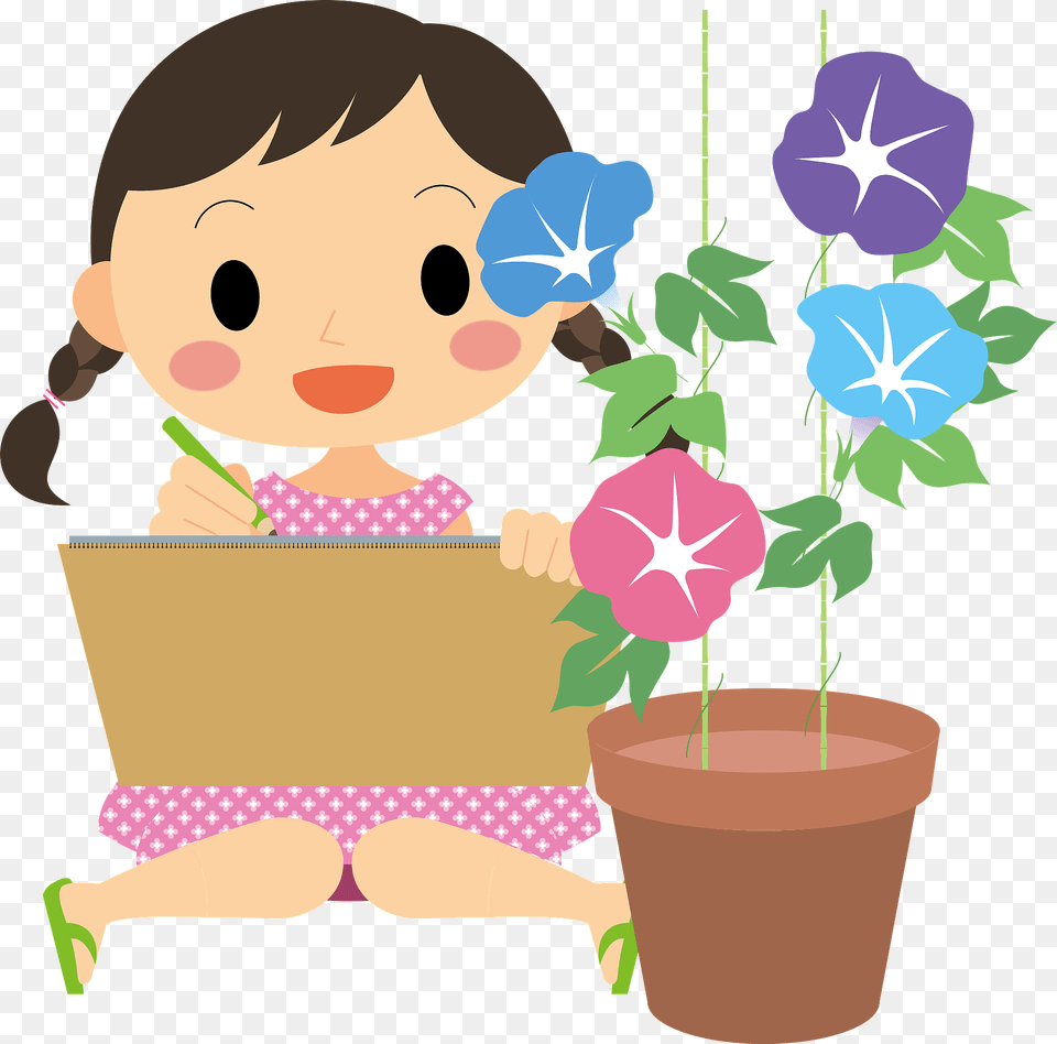 Girl Drawing The Morning Glory In A Pot Clipart, Potted Plant, Plant, Photography, Flower Free Transparent Png