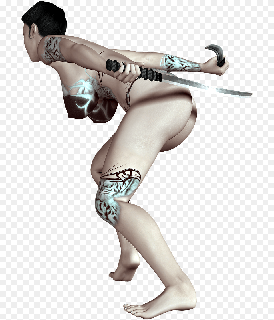 Girl Fighting, Adult, Weapon, Tattoo, Sword Free Png Download