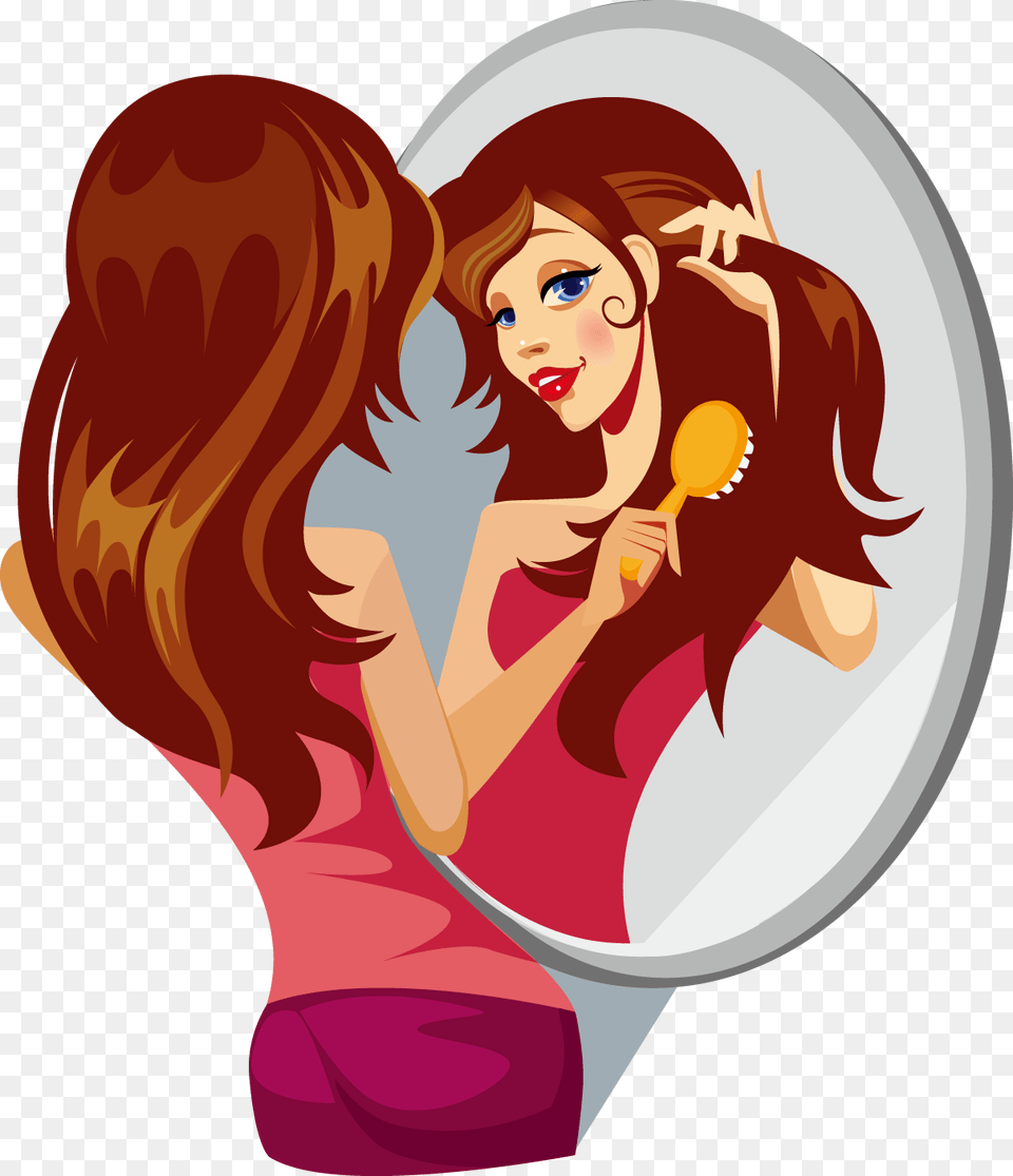 Girl Fixing Her Hair Clipart Cartoon Woman Brushing Hair, Book, Publication, Comics, Photography Png