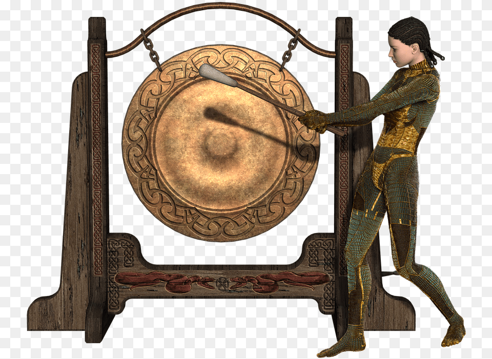 Girl Gong Warrior Fantasy Hair 3d Medieval Playing Gong Vector, Adult, Person, Musical Instrument, Woman Png Image