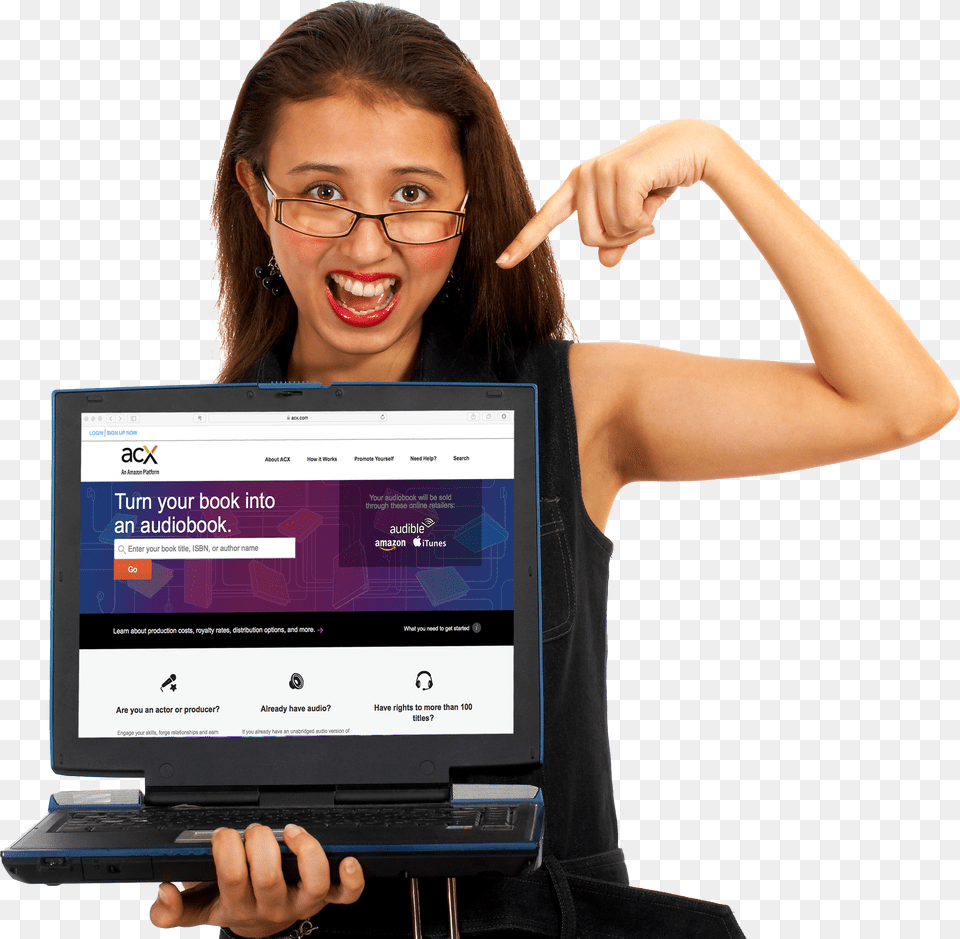 Girl Holding Laptop With Acx On The Screen Girl Showing Laptop, Person, Body Part, Computer, Pc Free Transparent Png