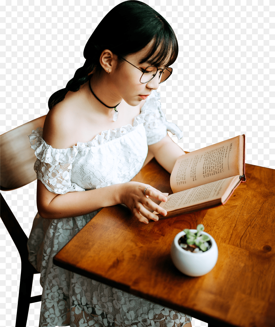 Girl In White Dress Reading Book On A Table And Chair Girls Reading Book Pnfg Free Transparent Png