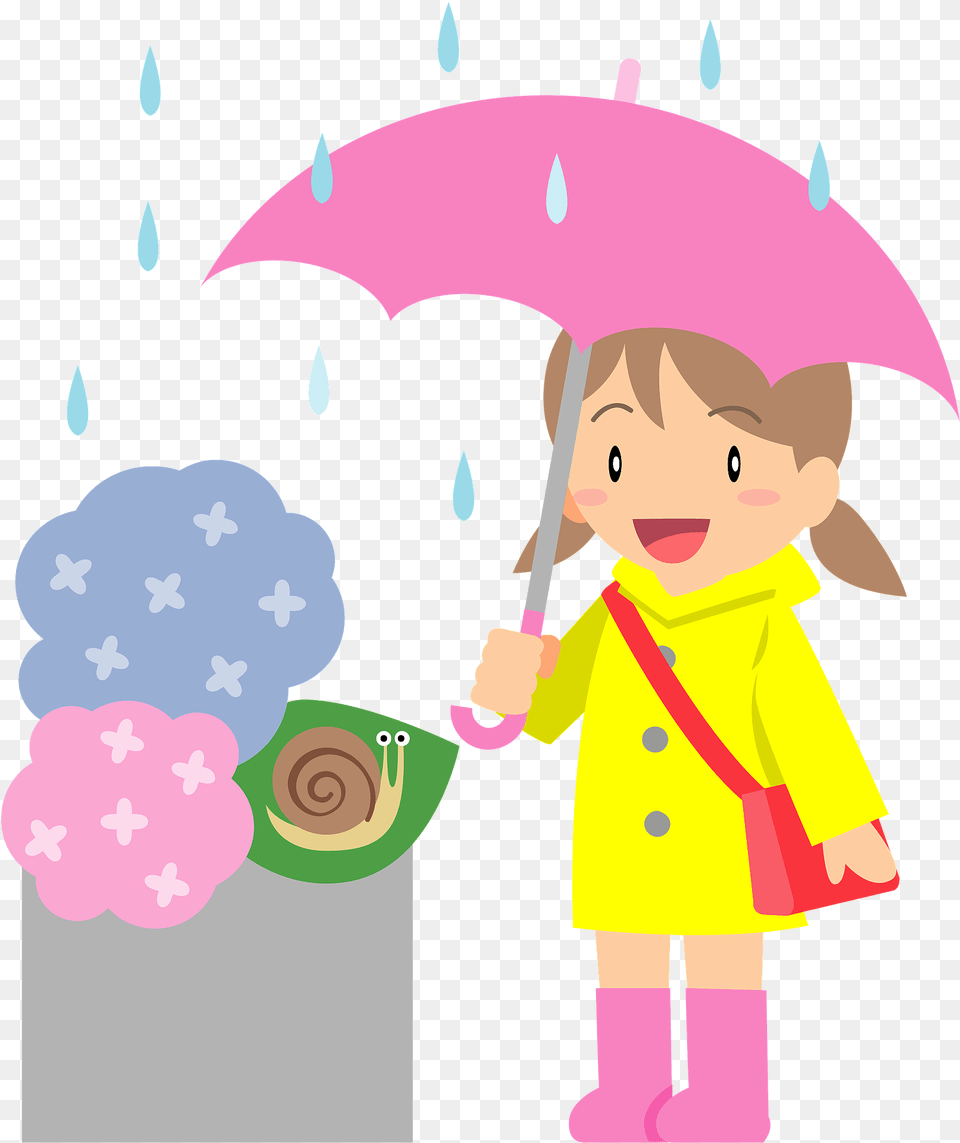 Girl Is In The Rain Watching A Snail In The Hydrangeas Clipart, Clothing, Coat, Baby, Person Png Image