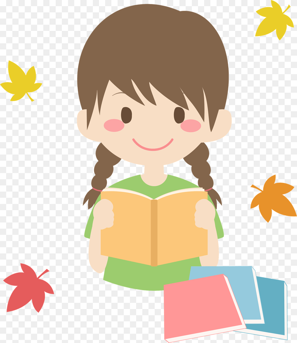 Girl Is Reading Books In Autumn Leaves Clipart, Person, Book, Publication, Baby Png Image
