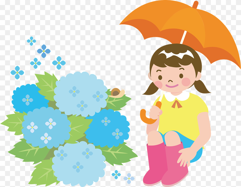 Girl Is Watching A Snail On The Blue Hydrangeas Clipart, Art, Graphics, Baby, Person Free Png Download