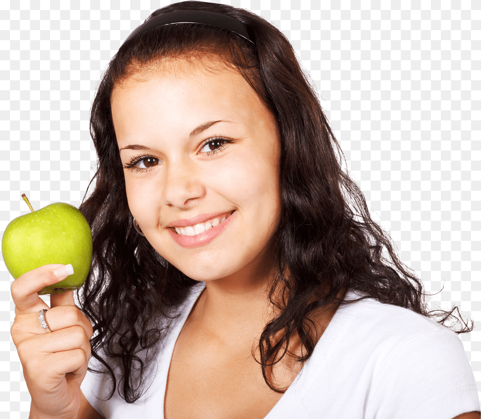 Girl Laying Down Apple In Hand Healthy Person Woman In White Shirt Holding Green Apple Free Transparent Png