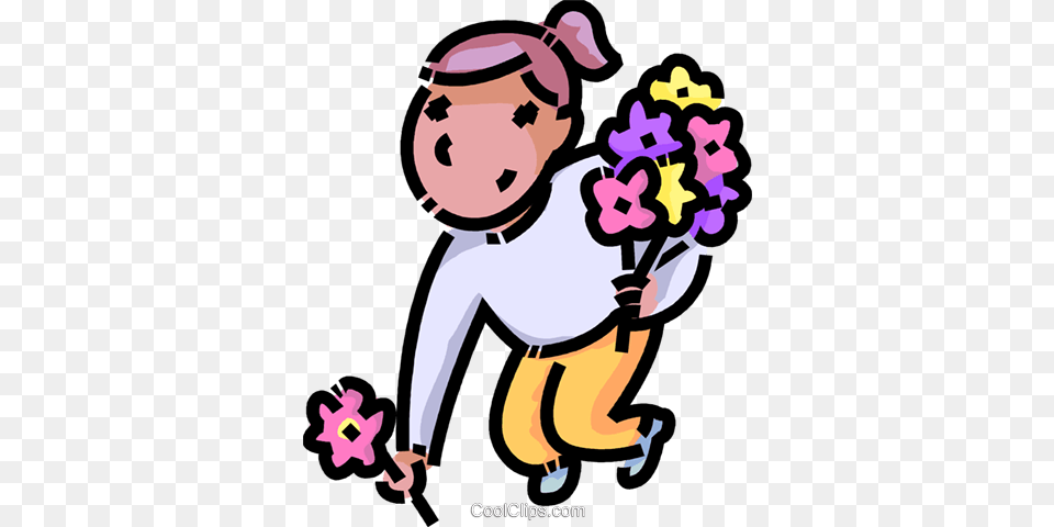 Girl Picking Flowers Royalty Free Vector Clip Art Illustration, Graphics, People, Person, Purple Png