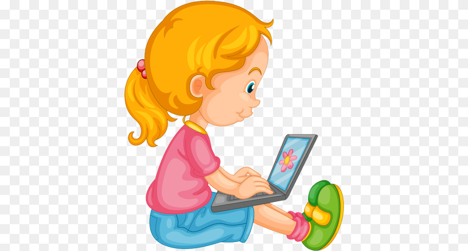 Girl Playing Computer Cartoon, Electronics, Baby, Person, Face Free Png Download