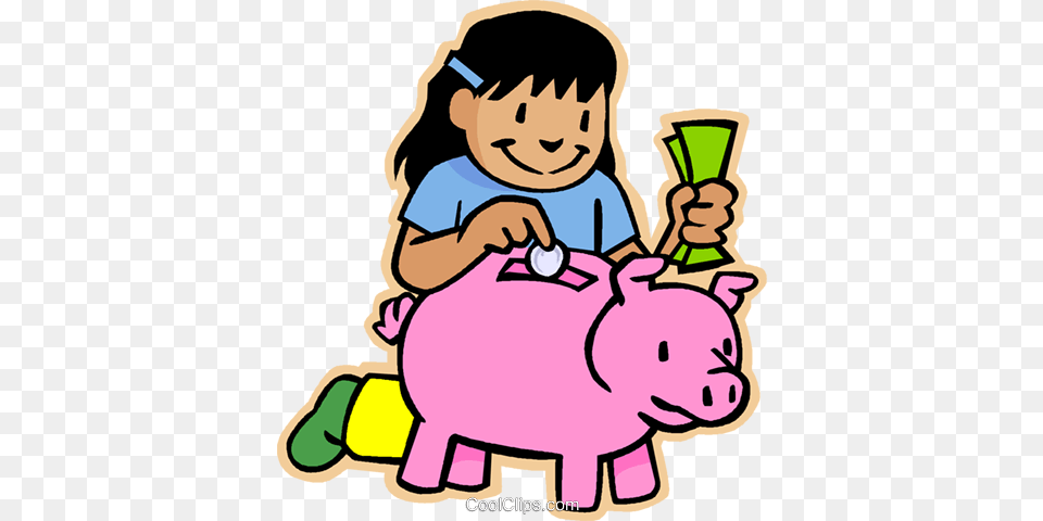 Girl Putting Money In Piggy Bank Royalty Vector Clip Art, Face, Head, Person, Baby Png