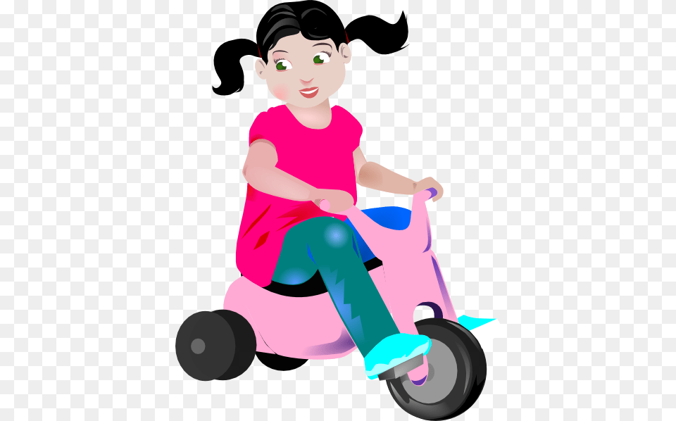 Girl Riding A Pink Tricycle Clip Art, Transportation, Vehicle, Face, Head Png Image