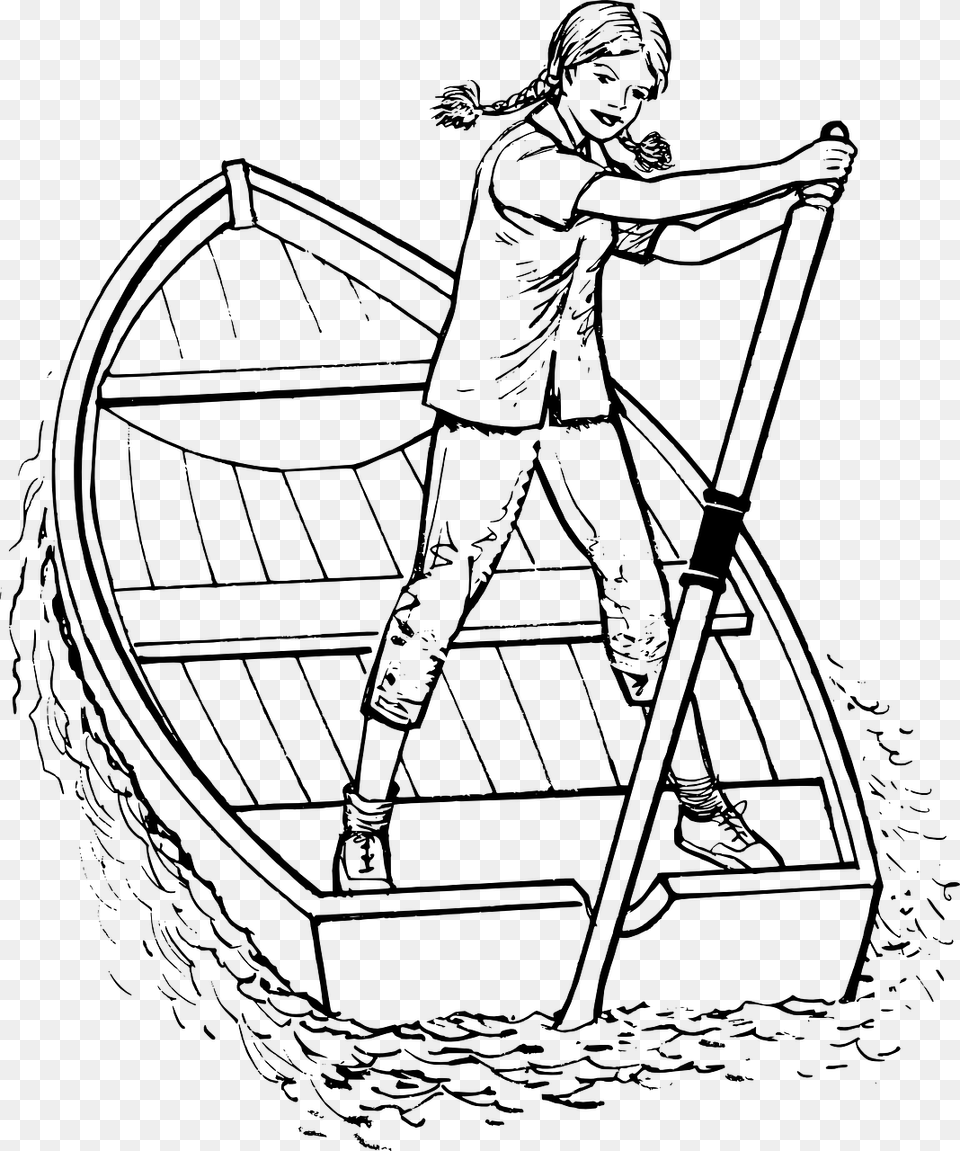 Girl Rowing A Boat Cartoon, Gray Free Transparent Png