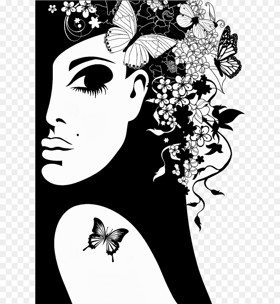 Girl Silhouette Silhouette Vector Butterfly Art Girl With Flowers And Butterflies, Adult, Wedding, Person, Graphics Free Transparent Png