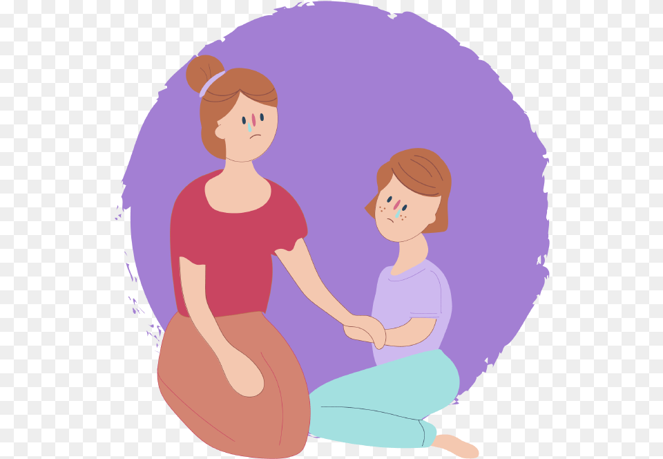 Girl Sitting Down Looking Sad With Mum Who Is Also Illustration, Kneeling, Person, Face, Head Free Png Download
