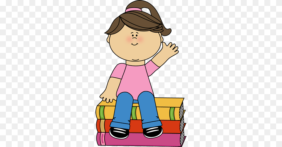 Girl Sitting On Books And Waving Clip Art Bulletin Boards, Person, Reading, Baby, Cartoon Free Transparent Png