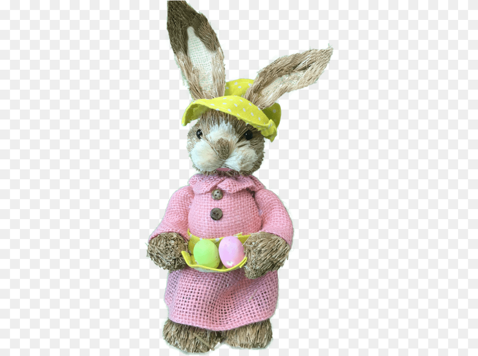 Girl Straw Bunny Pink Dress With Egg In Apron Figurine, Plush, Toy, Teddy Bear, Clothing Png Image