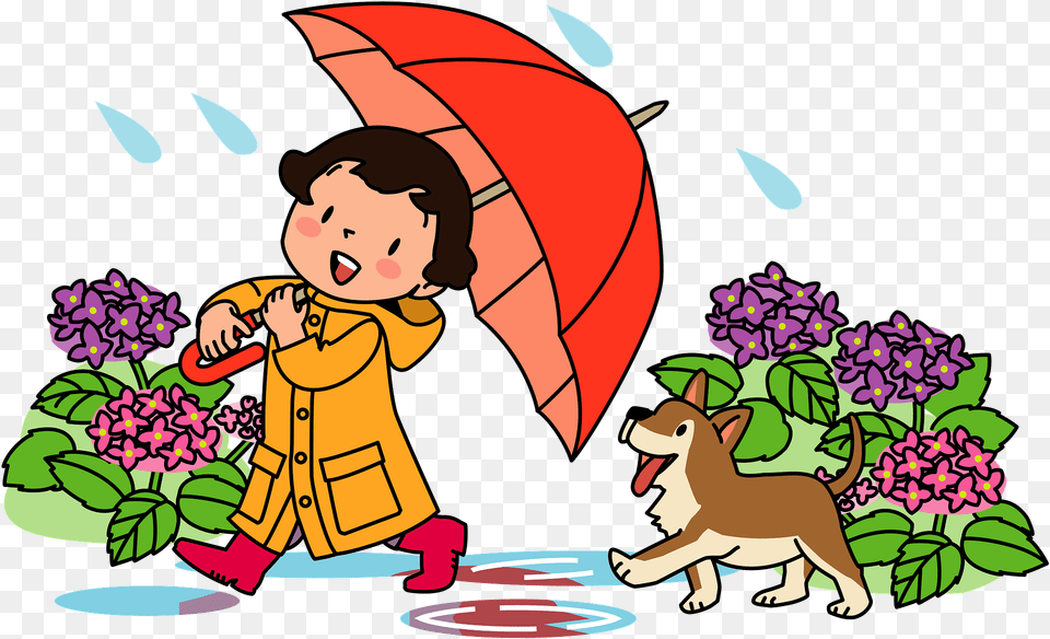 Girl Walking In The Rain With Her Dog Clipart, Person, Baby, Cartoon, Face Png