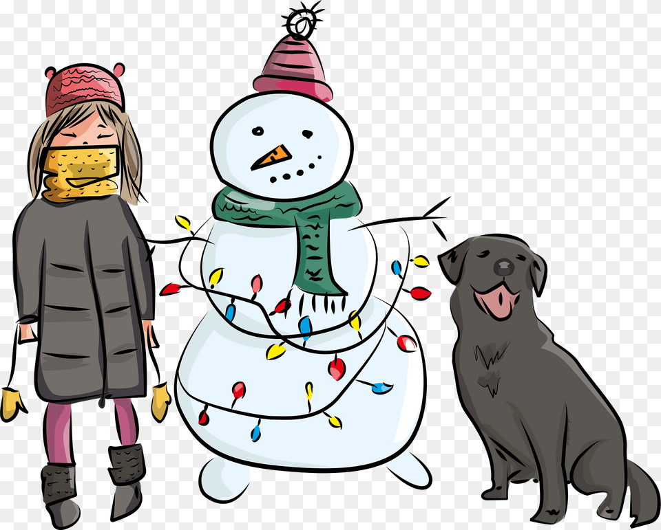 Girl With A Snowman And Dog Clipart, Winter, Outdoors, Nature, Person Free Png