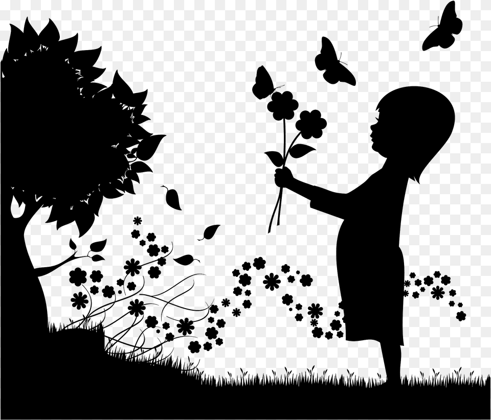 Girl With Flowers In A Garden Silhouette, Person, Leaf, Plant, Photography Png Image