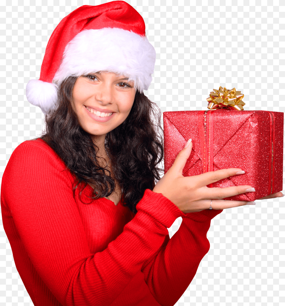 Girl With Red Santa Claus Hat Holding Gift Box Girl Holding Gift, Adult, Female, Person, Woman Free Transparent Png