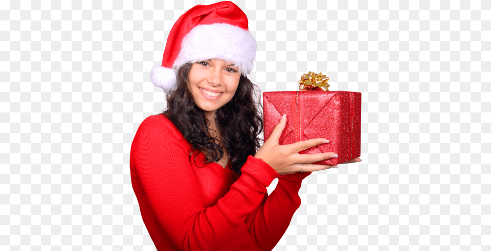 Girl With Red Santa Claus Hat Holding Gift Box Girl Santa Claus Cap, Adult, Female, Person, Woman Free Png