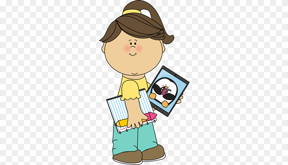 Girl With School Supplies And A Tablet From Mycutegraphics, Person, Reading, Book, Publication Free Transparent Png