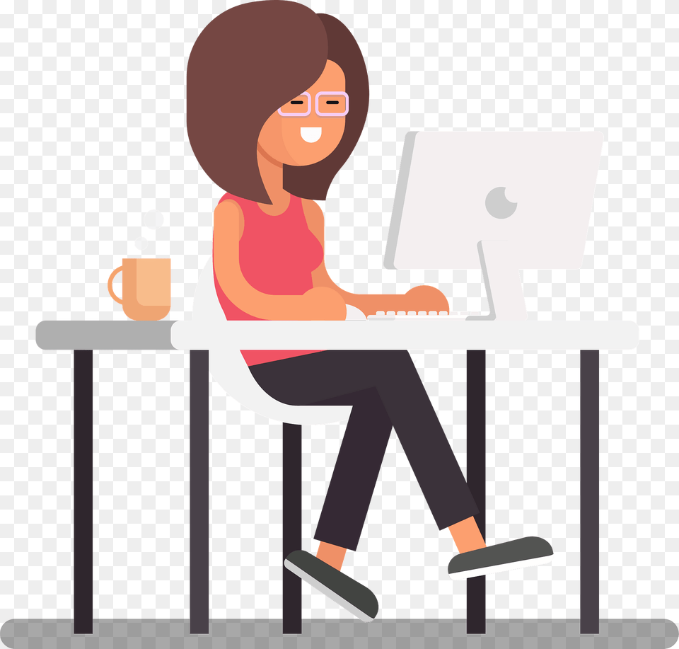 Girl Working On Computer Clipart, Desk, Furniture, Table, Person Free Png Download
