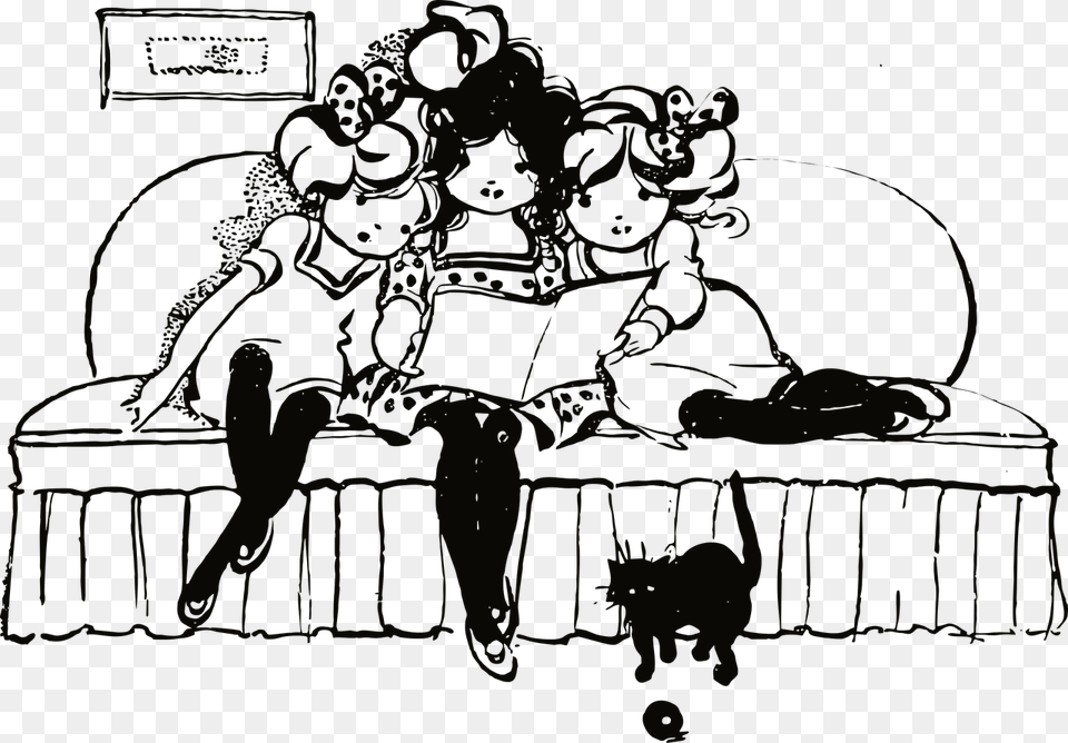 Girls 1280 Girls Reading Book Clipart Black And White, Furniture, Bed, Art Png Image