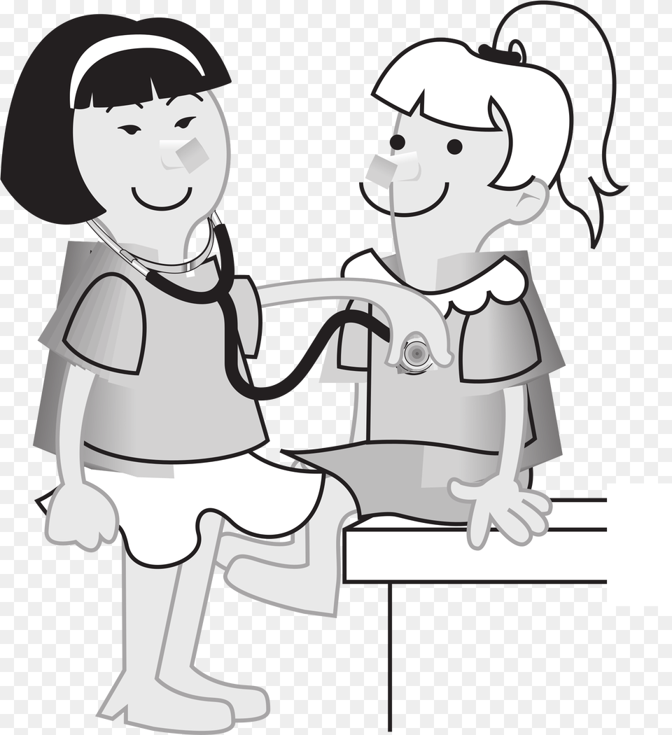 Girls Measuring Girls Heart Rate Clip Arts Doctor Playing Black And White Clipart, Face, Head, Person, Baby Png