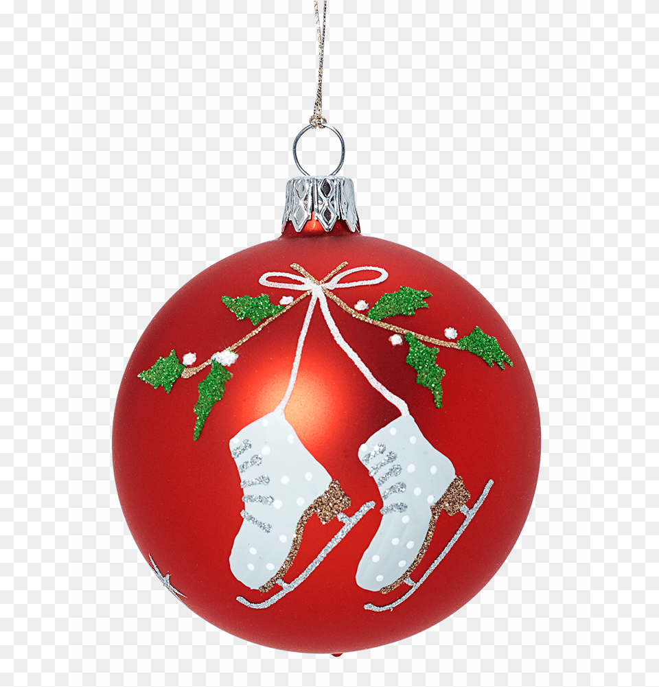 Glass Bauble Red With Ice Skates And Mistletoe 7cm Ice Skates Bauble, Accessories, Ornament, Christmas, Christmas Decorations Free Transparent Png