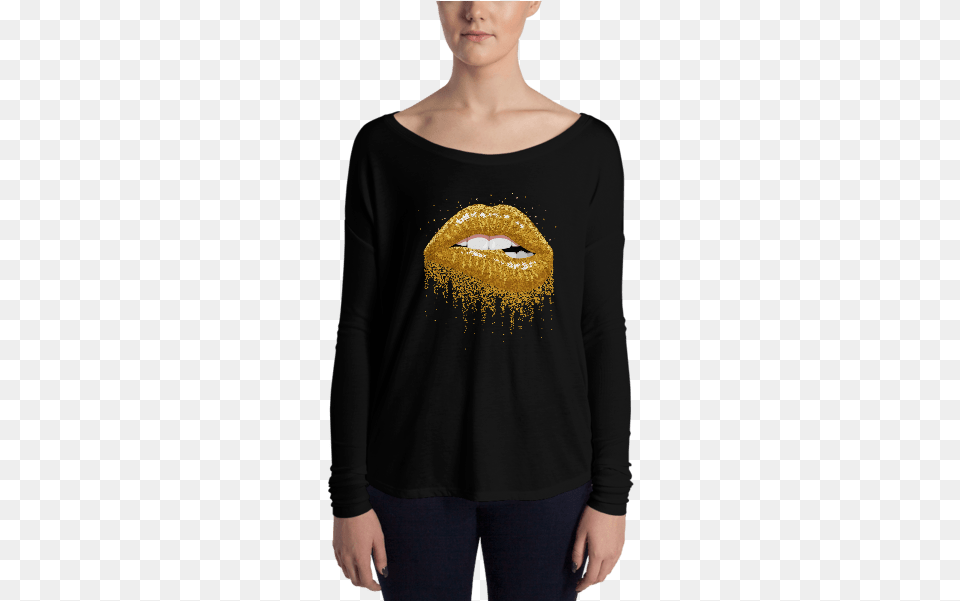 Glitter Gold Sparkles Lips Long Sleeve Tee Long Sleeved T Shirt, Adult, T-shirt, Woman, Person Png