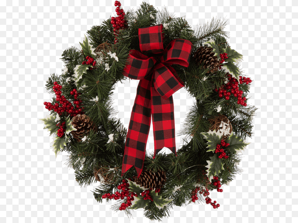 Glitzhome 24 Led Pre Lit Greenery Buffalo Bow Berry Holly Pre Lit Red Check Christmas Wreath, Plant, Clothing, Coat Free Transparent Png