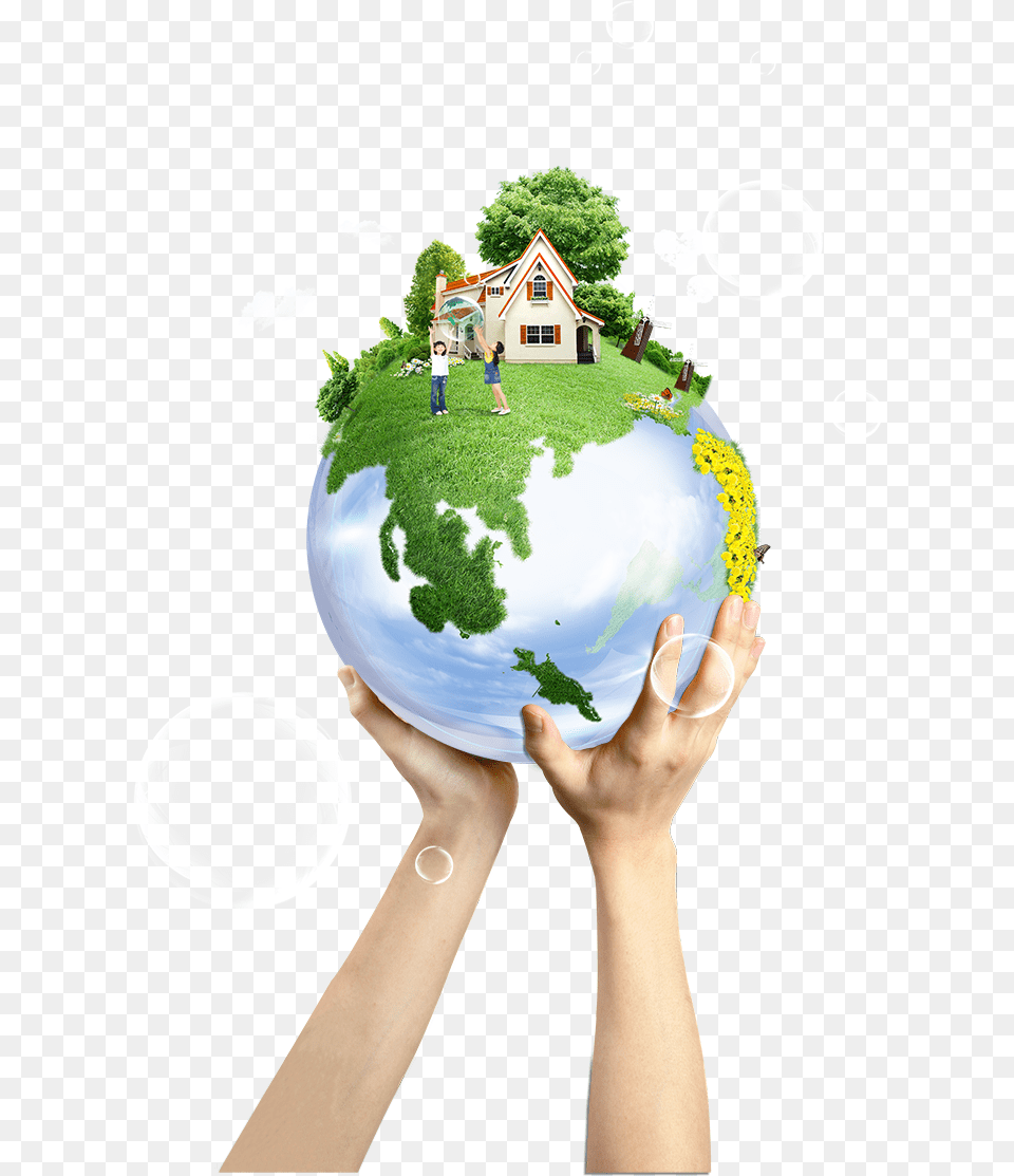 Globe In Hand With House Green Background Climate Change, Sphere, Adult, Person, Woman Free Png Download