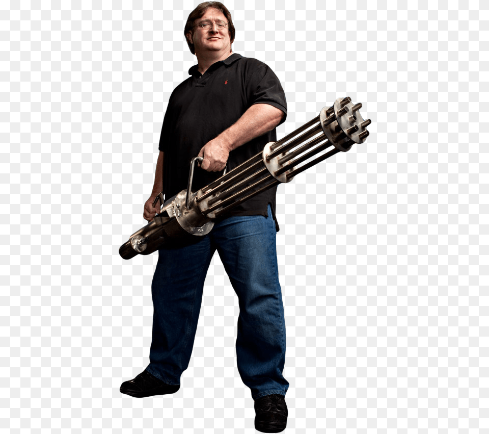 Glorious Gaben Gatling Gun Gabe Newell With A Gun, Clothing, Pants, Adult, Person Free Png