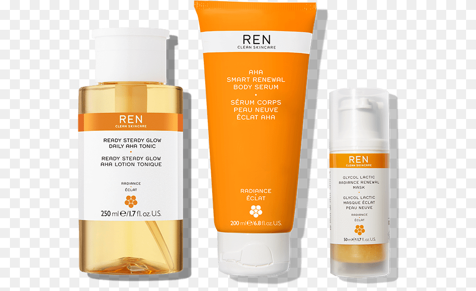 Glow Getter Aha Face Amp Body Trio Ren Radiance Kit, Bottle, Cosmetics, Sunscreen, Lotion Png