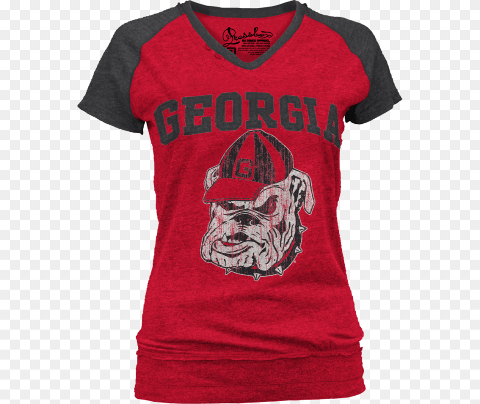 Go Georgia Bulldogs Uga Two Tone Cap Sleeve V Neck Women39s Georgia Bulldogs Shirts, Clothing, Shirt, T-shirt, Person Free Png Download