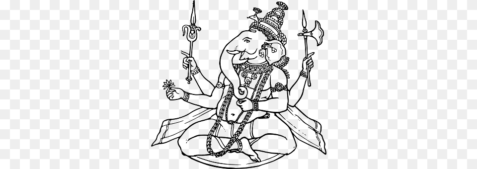 God Ganesh In Black And White, Person, Art, Kneeling, Drawing Free Png