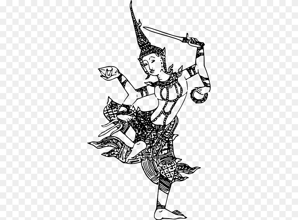God Vishnu In Black And White, Person, Sword, Weapon, Art Png Image