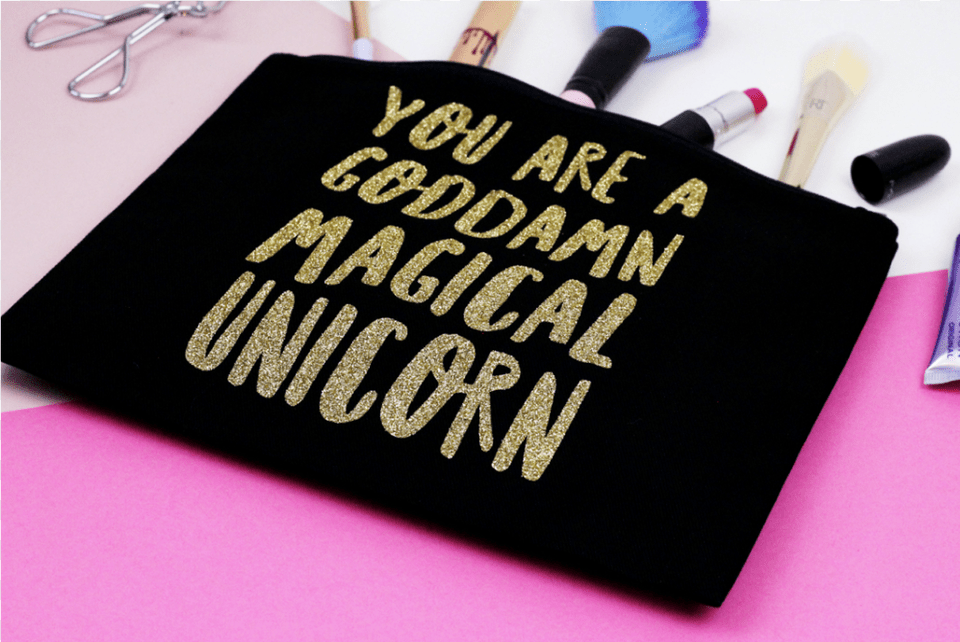 Goddamn Magical Unicorn Makeup Bag In Black And Gold Placemat, Brush, Device, Tool, Text Png Image