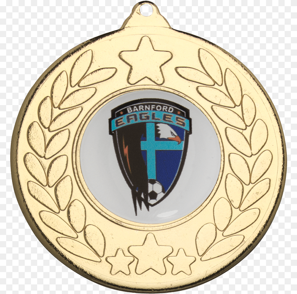 Gold 50mm Round Medal Starwreath Design Medal, Badge, Logo, Symbol, Plate Free Png
